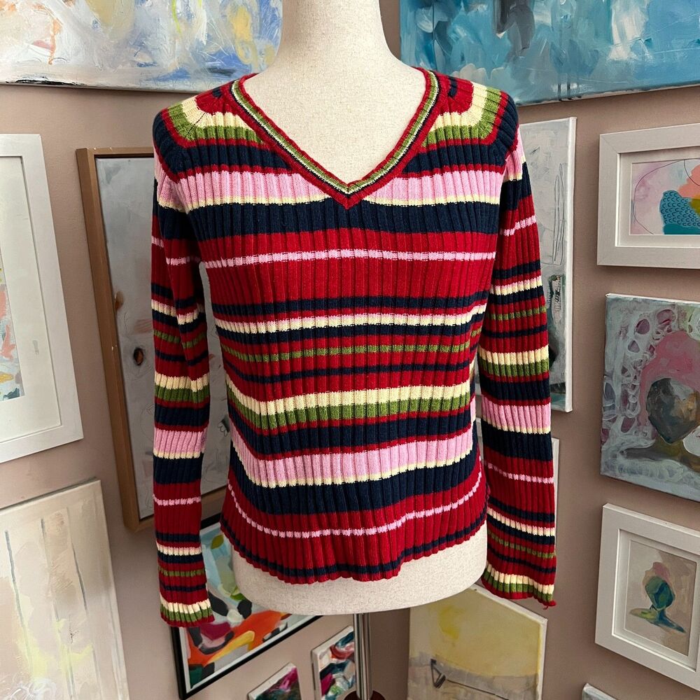 Fiorlini International y2k Retro Ribbed Striped Knit Sweater Multicolor Womens S